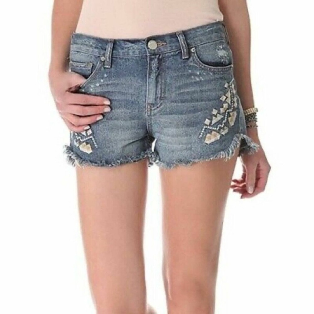 Free People Boho Embroidered Cut Off Denim Shorts